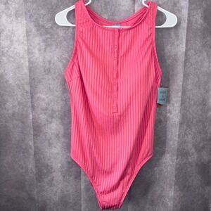 NWT Shade & Shore Womens Large Pink Ribbed Henley One Piece Swimsuit Barbiecore